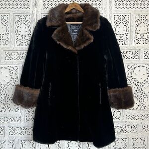 Dennis Basso Black Faux Fur Coat With Brown Cuffs Sz Womens Large